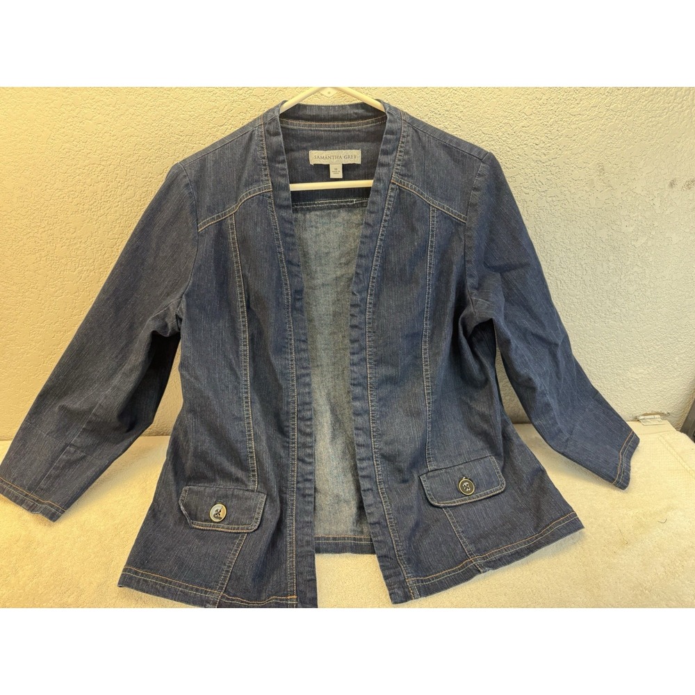 Samantha Grey Womens Denim Jacket Size 10 Open Front 3/4 Sleeve Blue Blazer